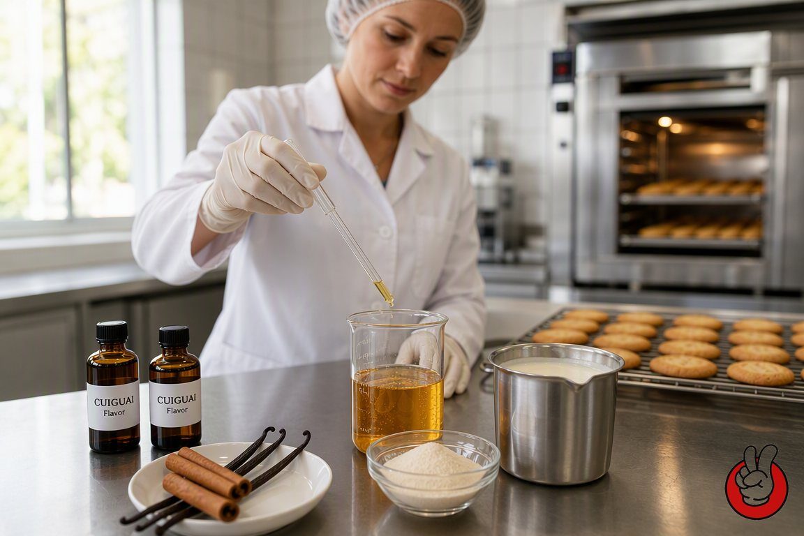 A flavor chemist pipetting a stable bakery emulsion beside a bakery oven - the opening visual for the CUIGUAI guide to choosing emulsions vs. extracts.