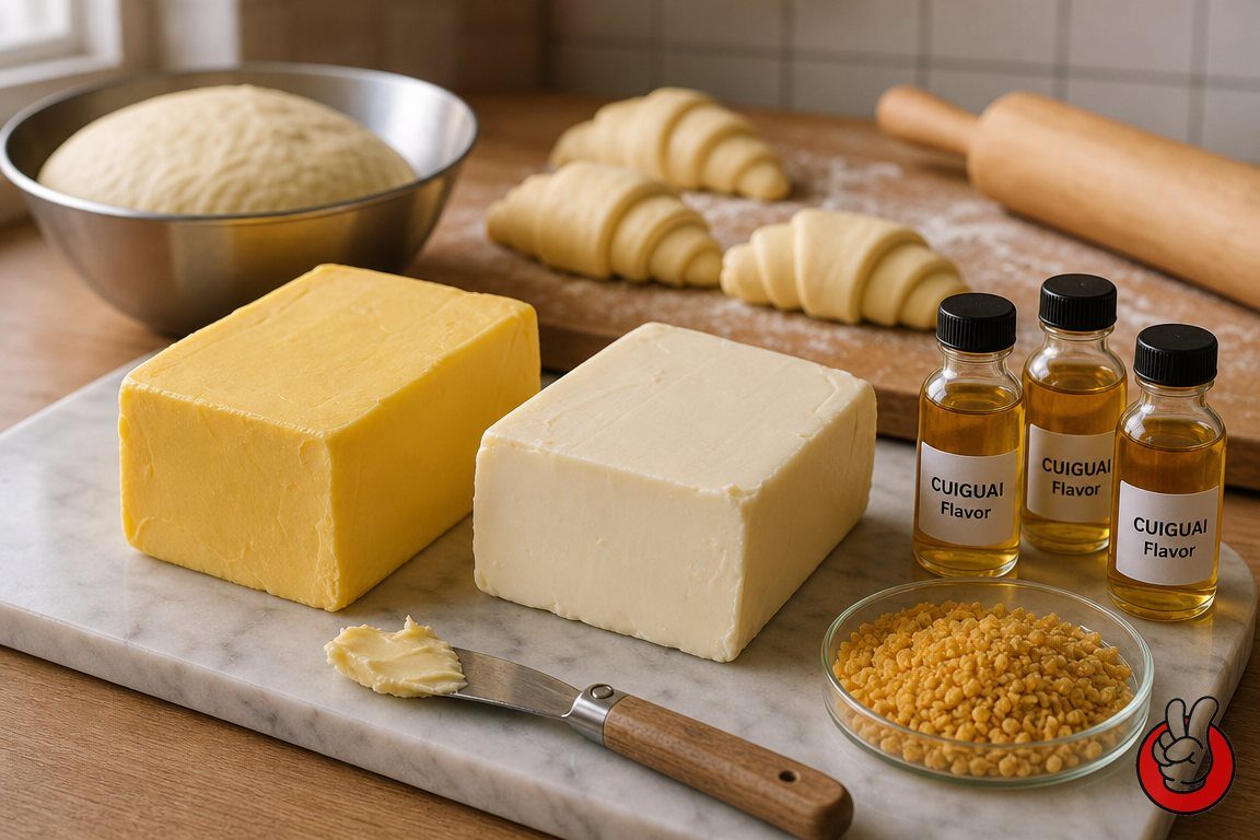 Butter and margarine blocks side by side on marble - the opening visual for the CUIGUAI guide to recreating authentic butter flavor in margarine-based baking.
