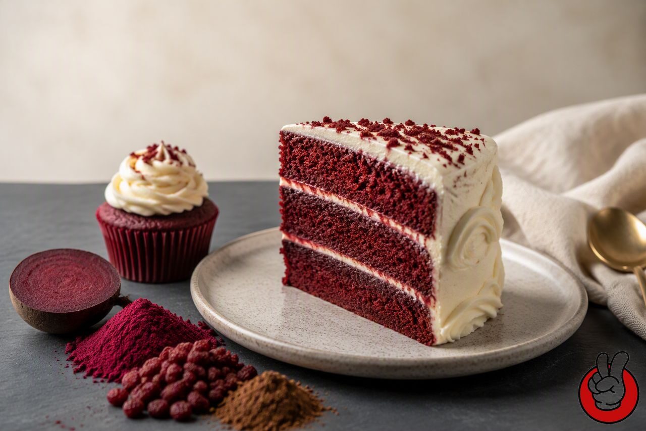 A slice of natural red velvet layer cake with cream cheese frosting and natural colorant ingredients - the opening image of the CUIGUAI guide to coloring red velvet without artificial dyes.