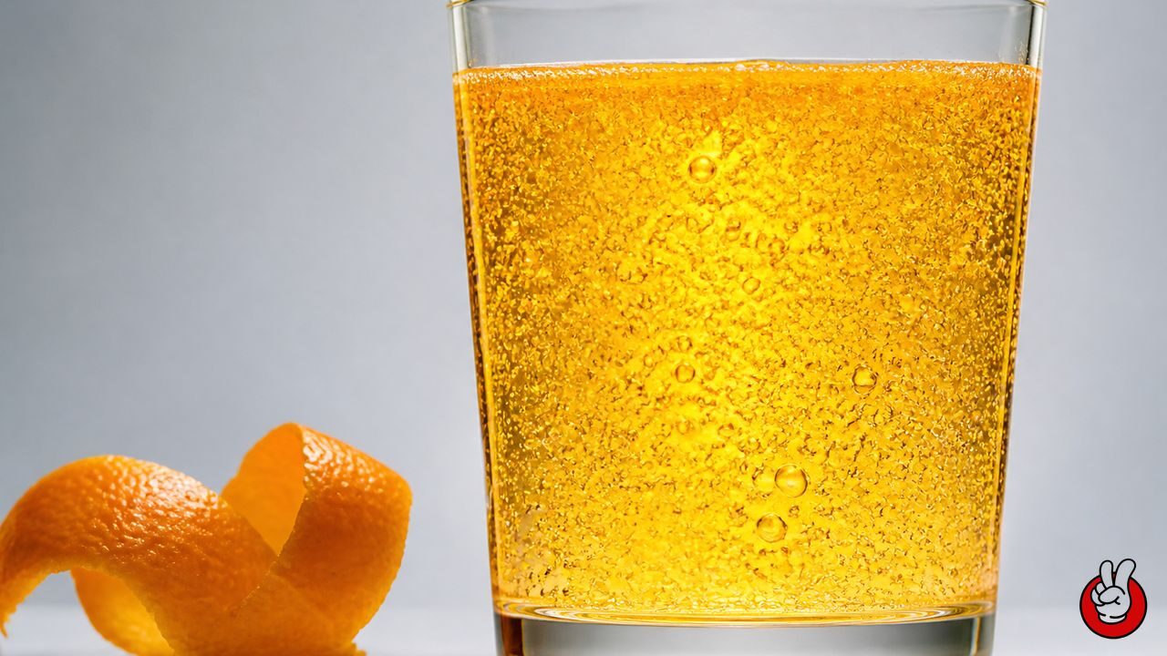 Backlit citrus soda visualizes uniformly dispersed oil droplets without a neck ring.