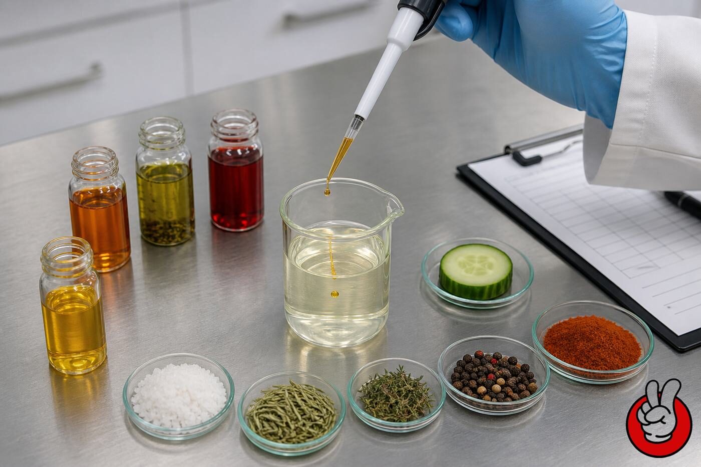 Beverage flavor development bench: precision pipetting of savory flavor concentrate beside sea salt, dried herbs, paprika, and cucumber for 2026 salty drink prototypes.