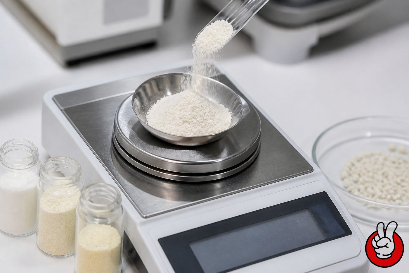 Applications laboratory weighing spray-dried encapsulated flavor powder; wall materials protect volatile flavor compounds from oven heat and oxidation.