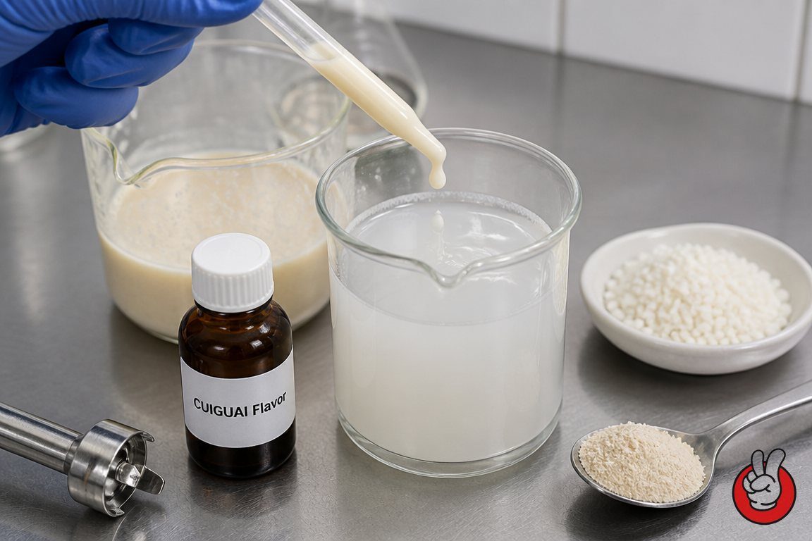 Macro shot of a gloved hand pipetting a creamy oil-in-water flavor emulsion - illustrating the heat-stable carrier technology behind bake-stable bakery flavors.