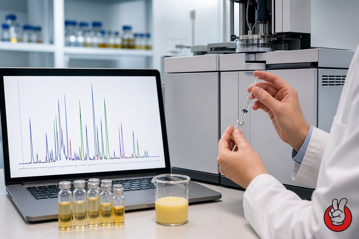 Analytical lab scene with a GC-MS chromatogram - showing how butter aroma compounds such as diacetyl and fatty acids are identified and balanced in flavor development.