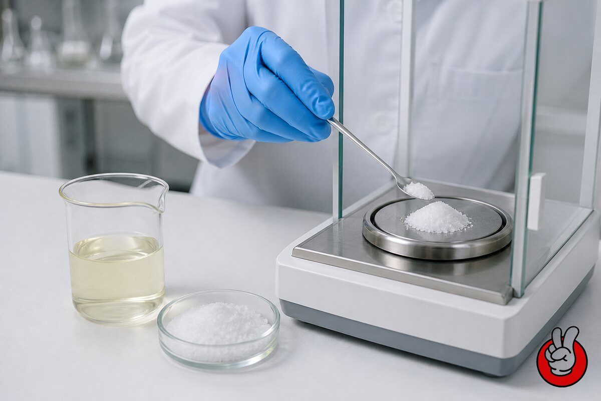 Confectionery scientists weigh citric acid crystals and blend acid systems with flavor concentrates to tune sourness and flavor release in gummies.