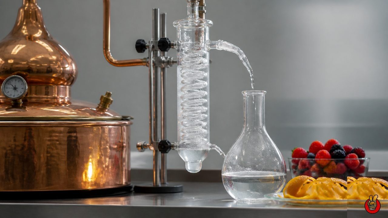 Bench-scale copper and glass distillation system producing a clear fruit aromatic distillate. Original CUIGUAI Flavor editorial image for this technical article.