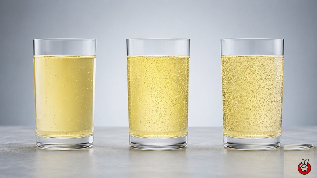Identical beverage samples displaying low, medium, and high visible carbonation. Original CUIGUAI Flavor editorial image for this technical article.