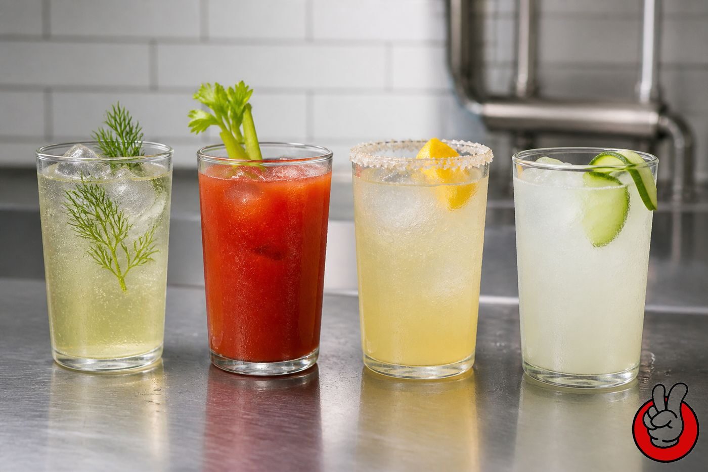 Finished 2026 savory beverage prototypes on a pilot-plant counter: pickle soda, tomato-celery drink, salted yuzu lemonade, and fermented cucumber beverage.