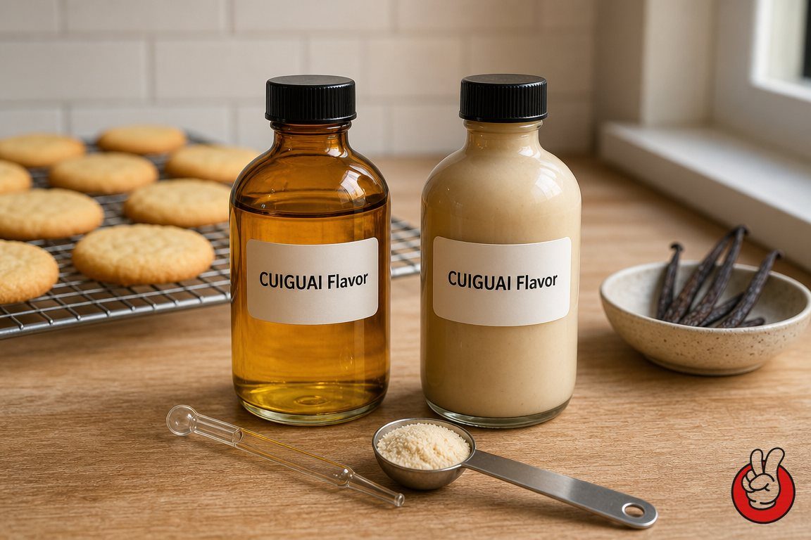 Side-by-side comparison of an amber alcohol-based extract and a creamy bakery emulsion - a visual summary of the decision table for B2B flavor buyers.
