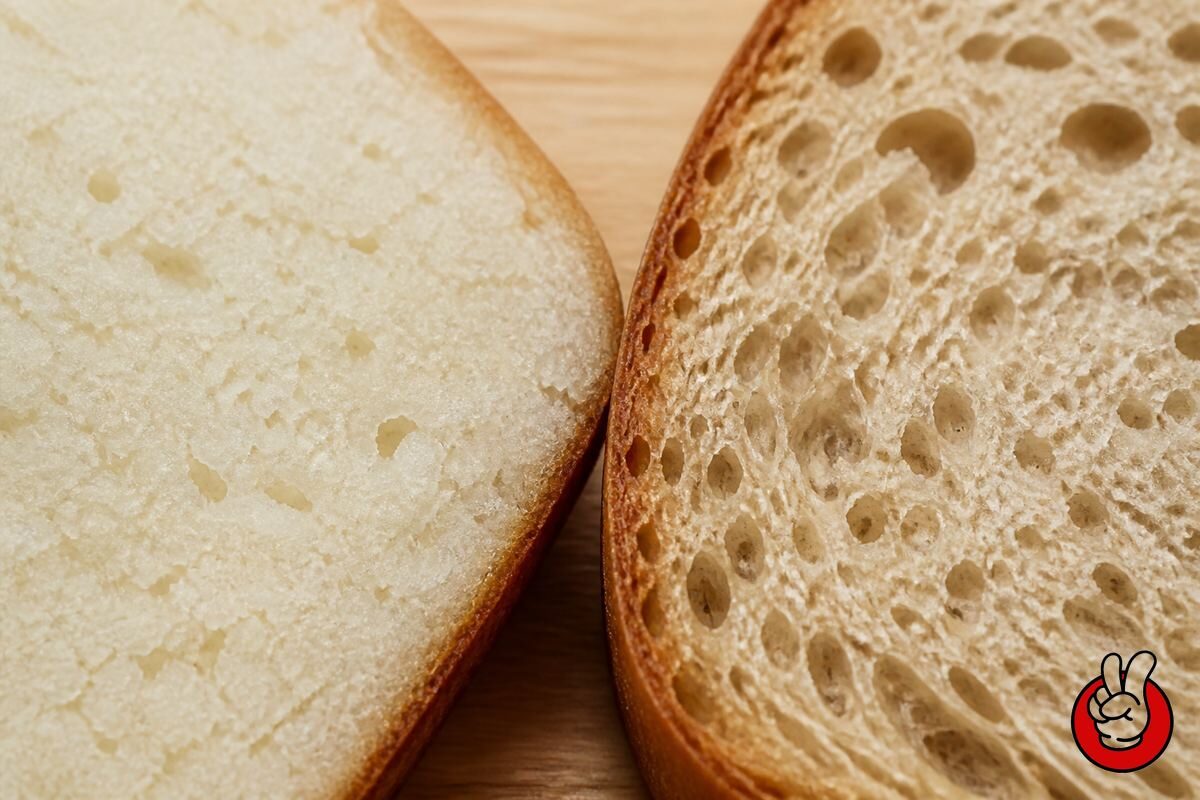 Macro comparison of dense rice-flour gluten-free crumb against airy wheat bread crumb, explaining texture-linked flavor perception.