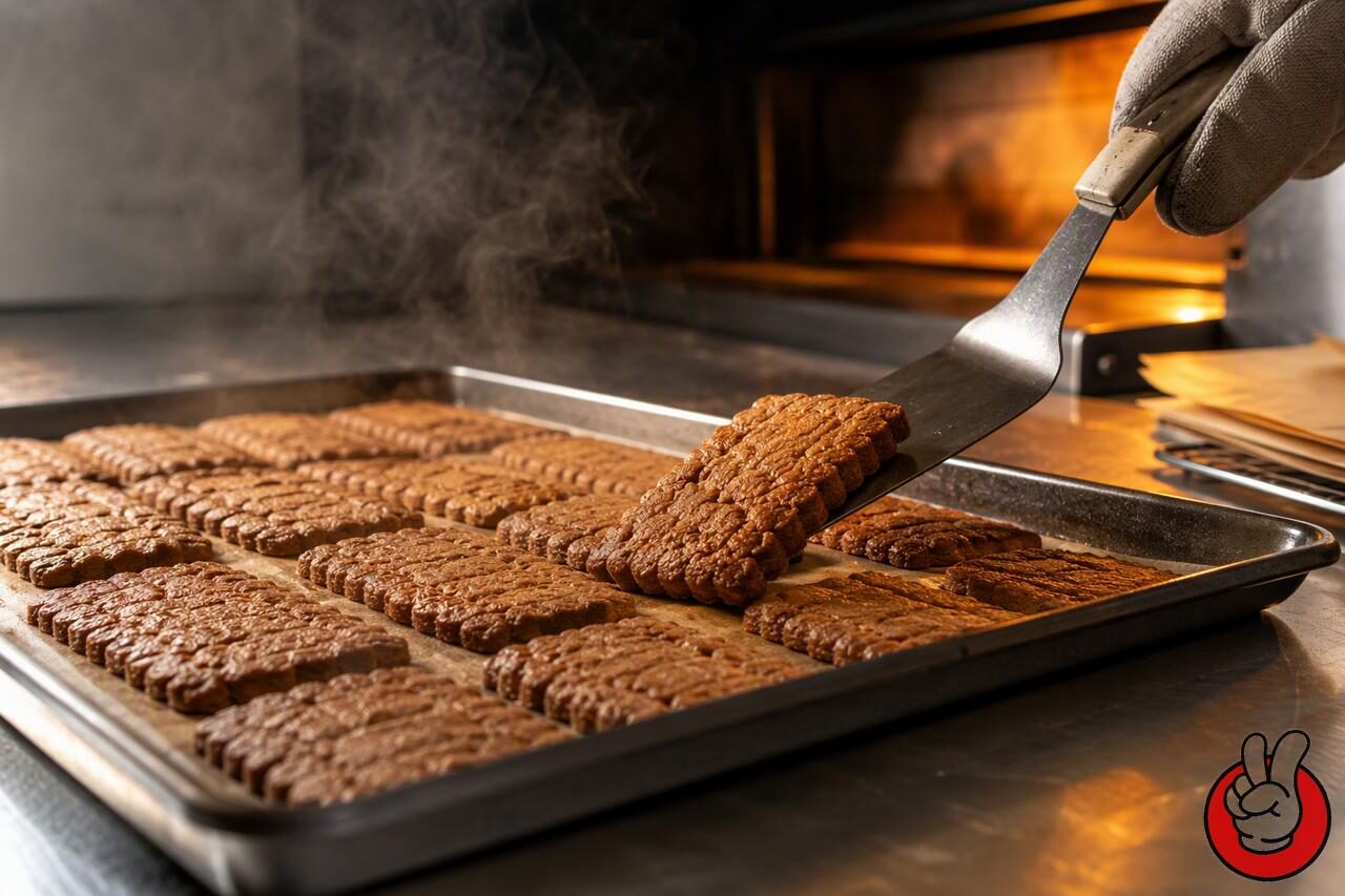 Warm speculoos biscuits lifted from a professional deck oven - illustrating how heat-stable delivery systems keep spiced biscuit top notes alive through a long bake.