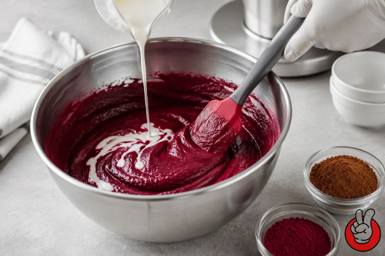 Natural beetroot-red velvet batter being folded with cocoa and buttermilk - the point where color chemistry and flavor balance have to be tuned together.