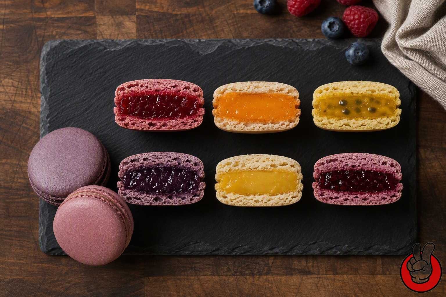How fat-to-water ratio, gelling solids, and dosage are matched to each fruit type so piped fruit ganache holds shape and keeps its aroma in the assembled macaron.