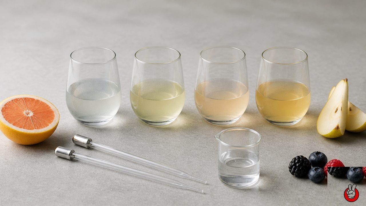 Four beverage bench samples prepared for sensory evaluation of fruit distillate dosage. Original CUIGUAI Flavor editorial image for this technical article.