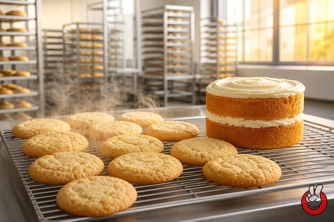 Freshly baked cookies and a small cake on a cooling rack - the closing visual showing the consistent, bake-stable flavor results of emulsion-based bakery systems.