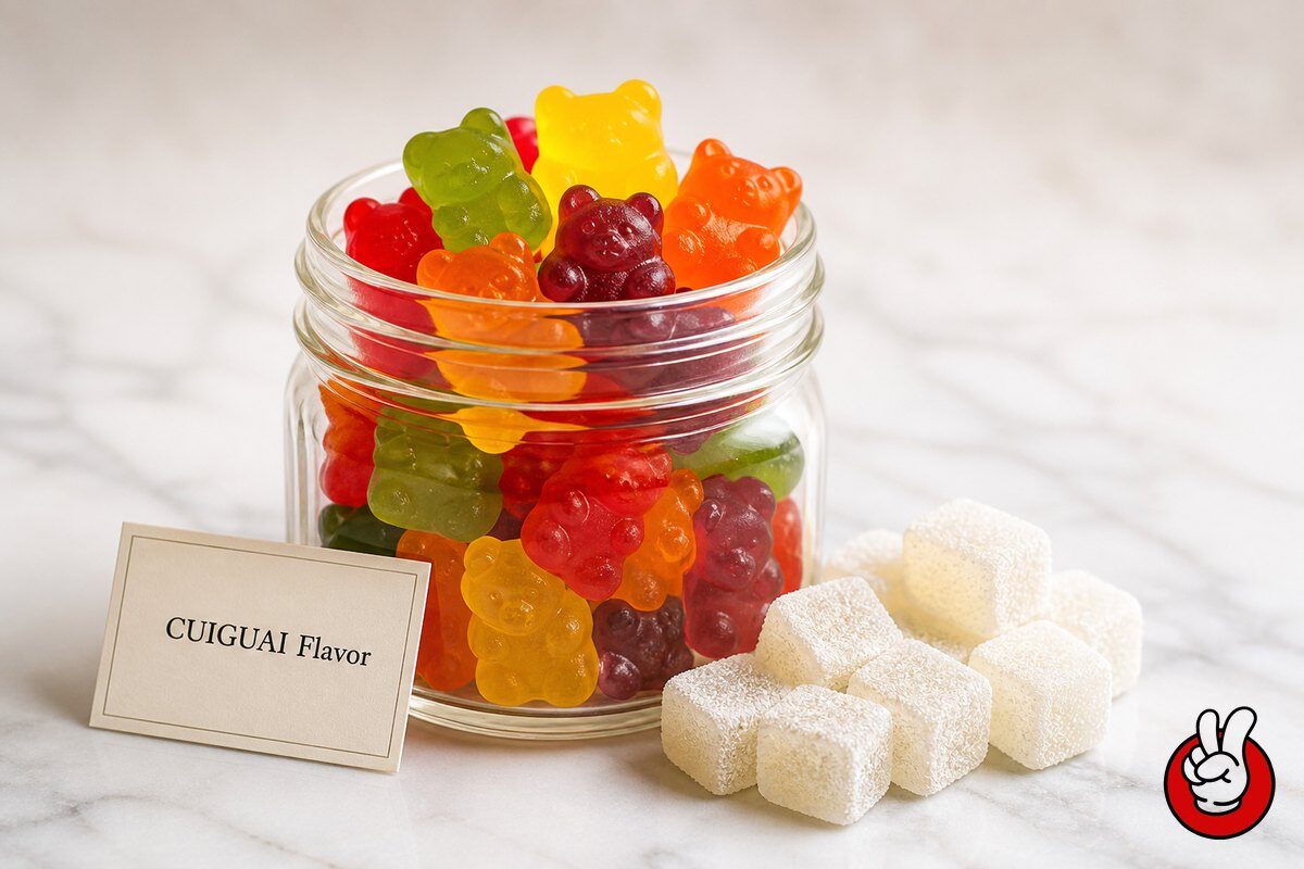 Finished gummy bears and sour-coated cubes flavored with CUIGUAI confectionery concentrates, ready for confectionery brand owners.