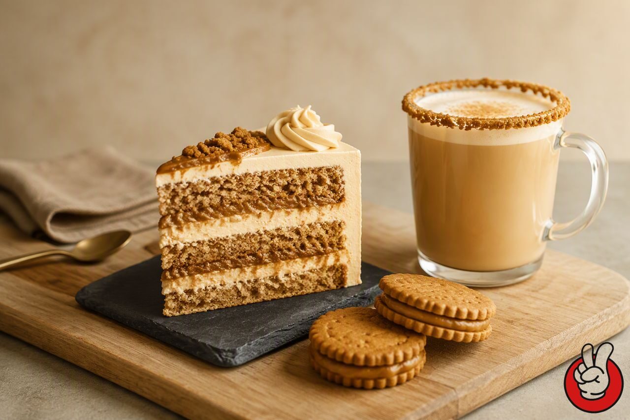 A café board of finished cookie butter applications - layered cake, filled sandwich biscuits and a cookie butter latte - showing how one speculoos flavor platform travels across categories.