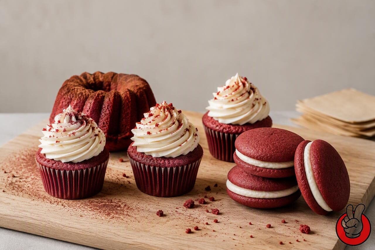 Naturally colored red velvet cupcakes, whoopie pies and a bundt cake - the finished result of a color and flavor system developed together without artificial dyes.