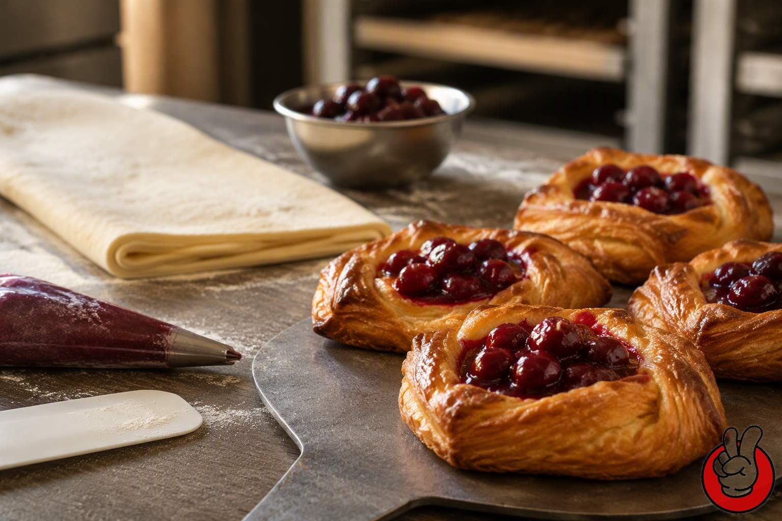 Pâtisseries danoises fraîchement cuites fourrées aux cerises brillantes sur l'établi d'un boulanger : le visuel d'ouverture du guide CUIGUAI pour créer des garnitures aux fruits réalistes pour les danoises et les chaussons.