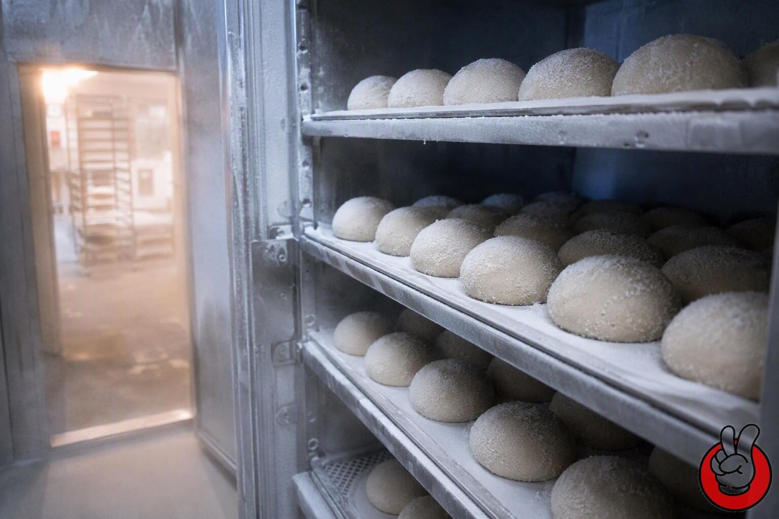 Trays of raw dough balls in a blast freezer, showing the cold-storage conditions that determine how much flavor survives in a frozen bakery product.