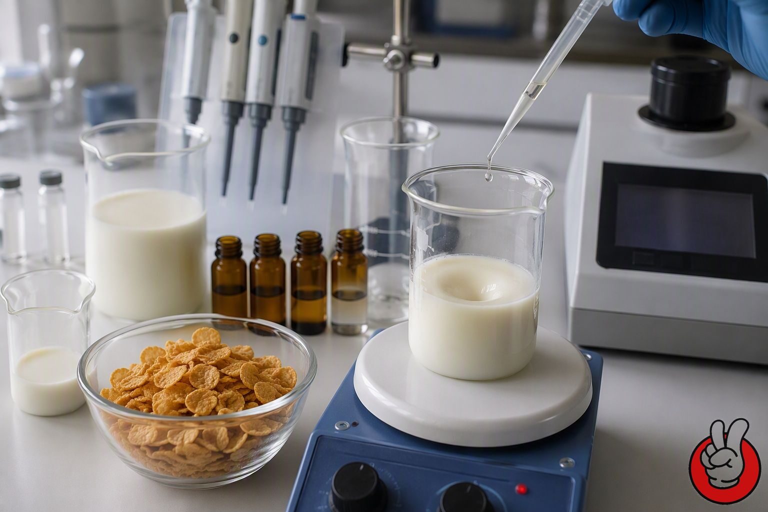 A flavor laboratory bench with milk, toasted cereal and flavor materials used to build and validate a cereal milk profile for cookies and cream applications.