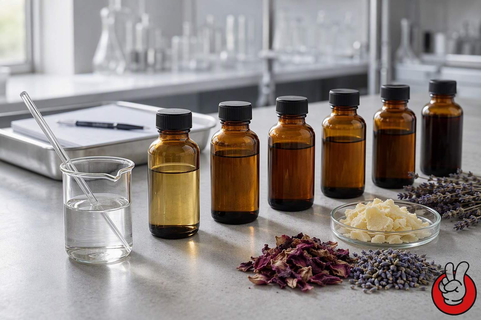 An analytical flavor bench holding amber extract vials, pipettes and botanical reference dishes used to standardize floral and herbal profiles.