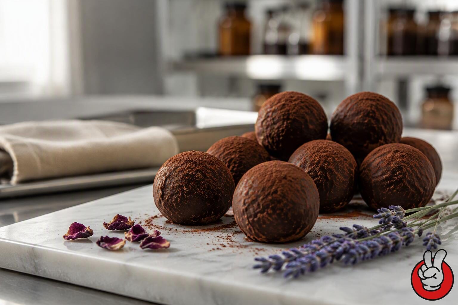 Artisan dark chocolate truffles finished with cocoa and paired with rose petal and lavender references on a pastry-lab marble bench.