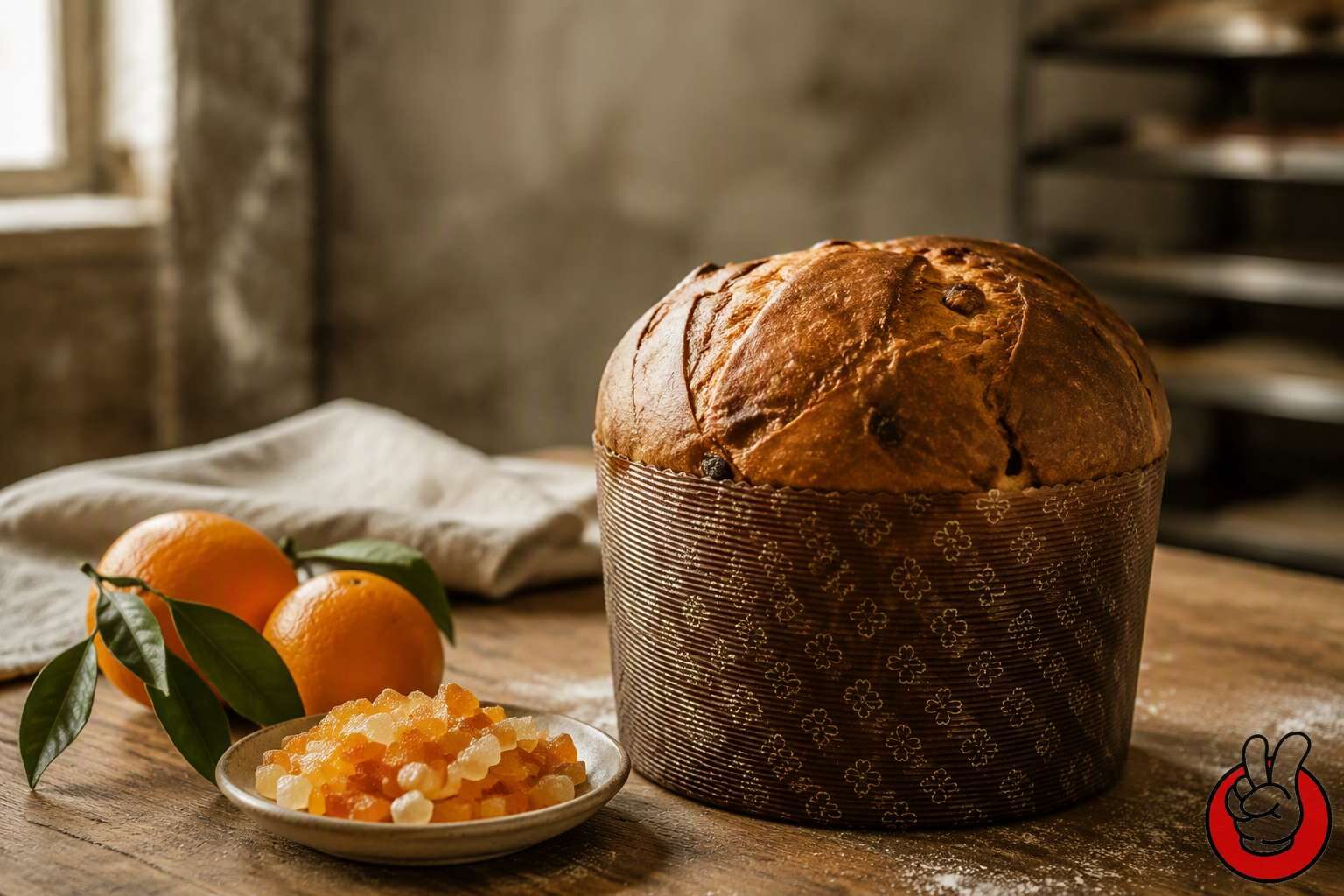 A traditional panettone loaf photographed beside candied citrus peel and whole oranges, illustrating the fruit-forward aroma of holiday bakery.