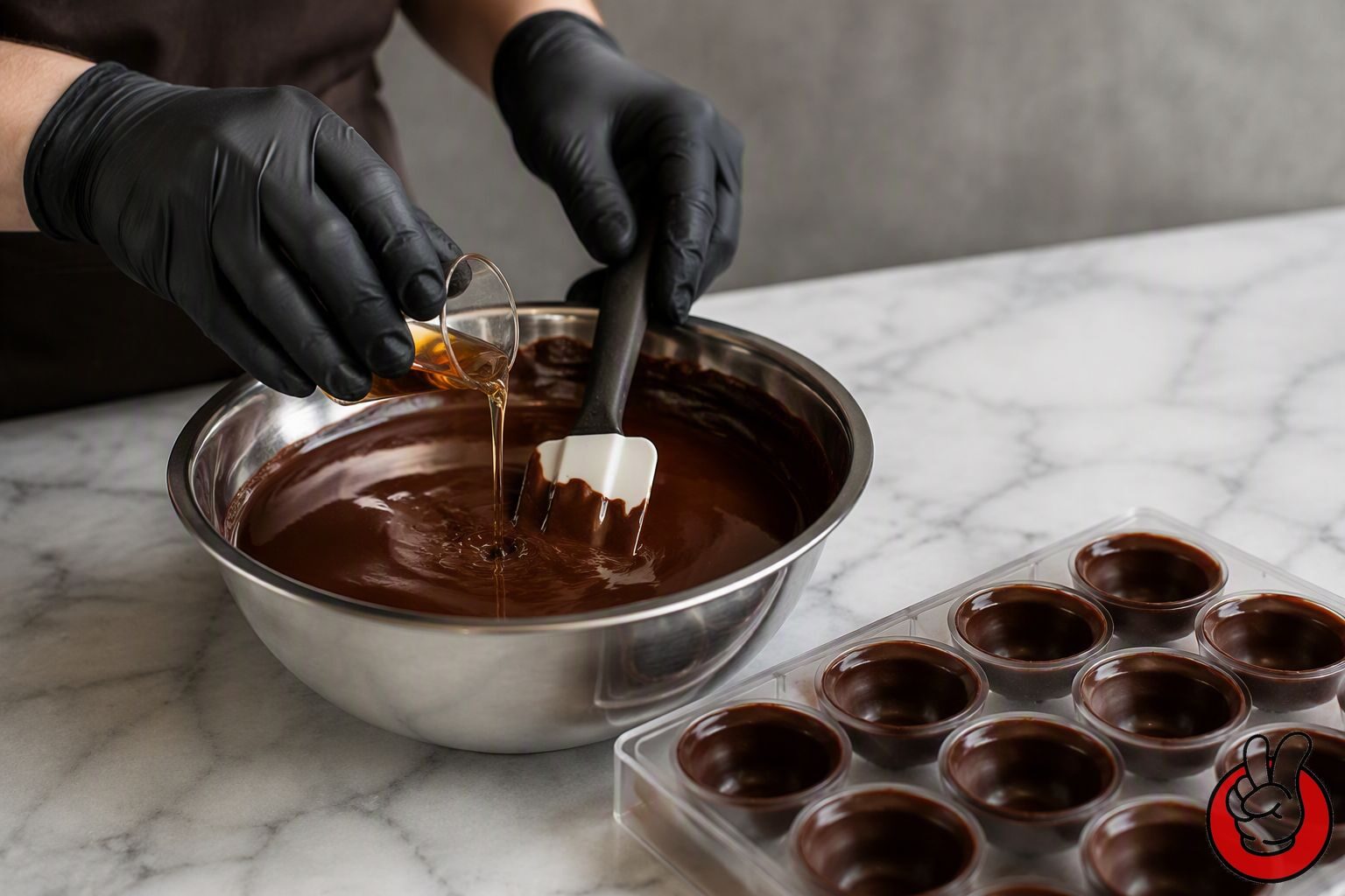 A chocolatier dosing spirit flavour into a dark ganache on a marble tempering slab, illustrating the filling stage of spirit chocolate production.