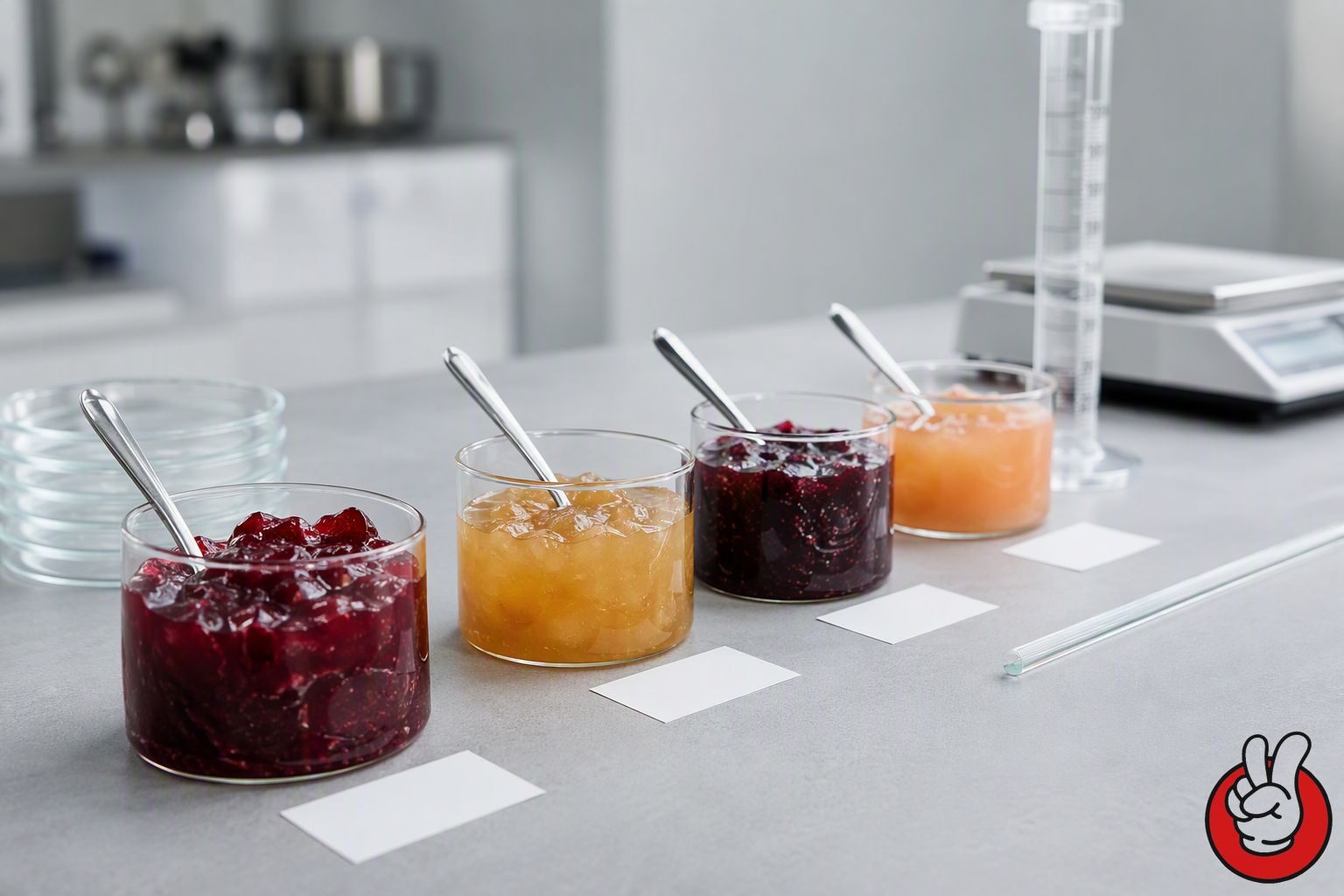 A row of fruit filling samples in a flavor development laboratory - illustrating how aroma chemistry, acid-sugar balance, and colour are evaluated before a filling goes into production.