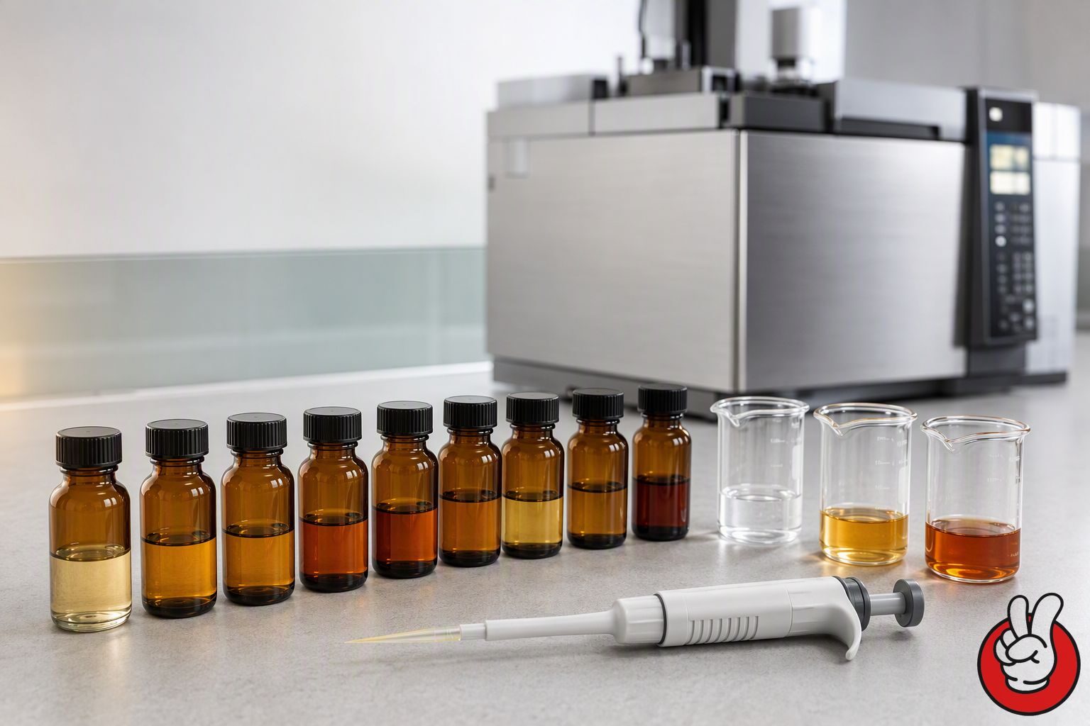 A flavour laboratory bench with spirit-type flavour concentrates, micropipettes and a benchtop gas chromatography instrument used to develop and verify liquor chocolate fillings.