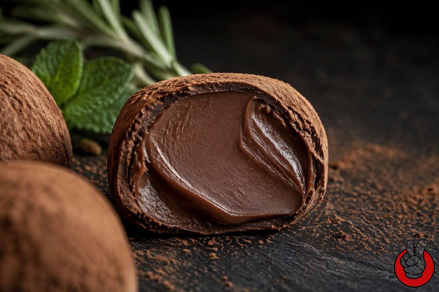Macro inspection of a sliced truffle revealing the ganache core, the cocoa-dusted shell and the crystal structure that governs aroma release.