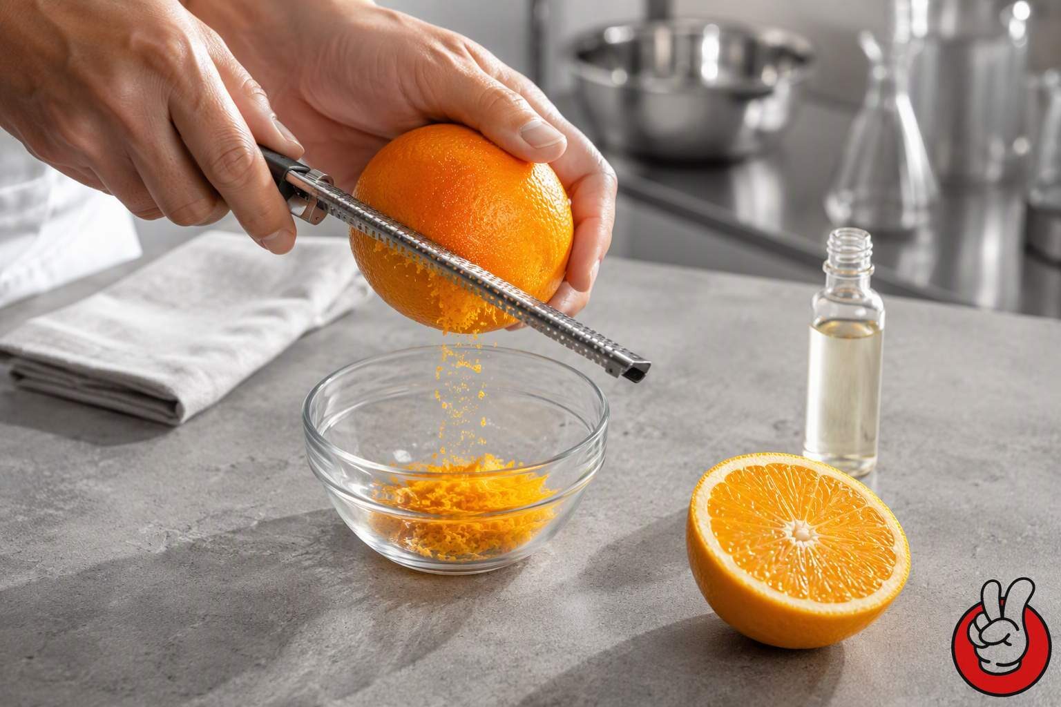 Fresh orange zest and expressed citrus oil on a processing bench, showing how cold expression preserves volatile top notes for bakery use.