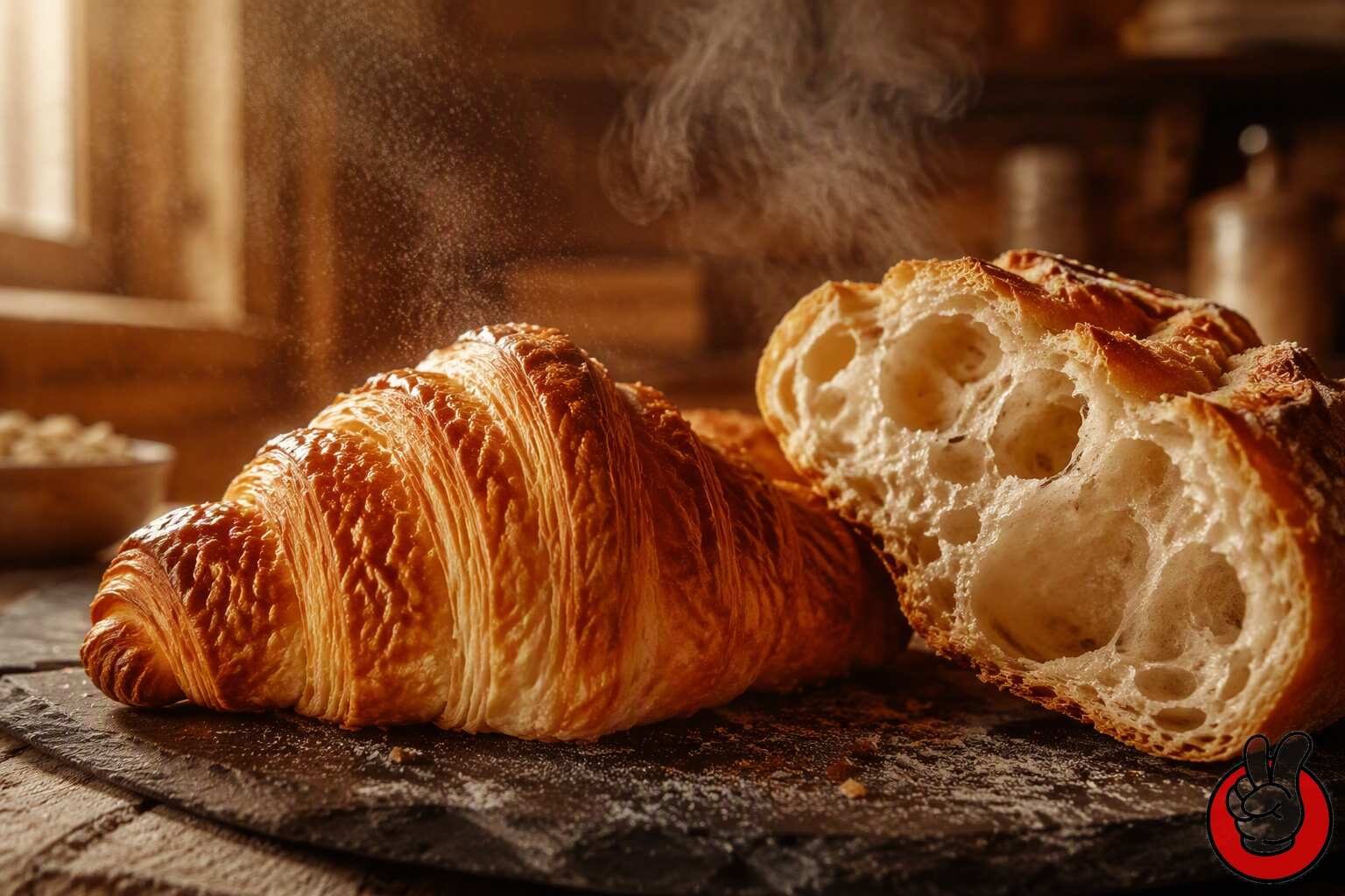 A freshly baked croissant and torn bread from frozen dough, illustrating the texture and aroma a well-formulated frozen dough flavor system can deliver.