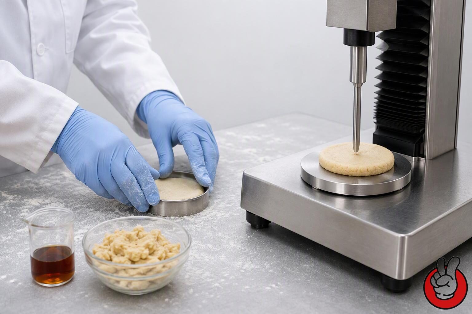 A benchtop texture analyser measuring a reduced-sugar cookie dough disc, illustrating objective firmness and snap testing during sugar reduction trials.