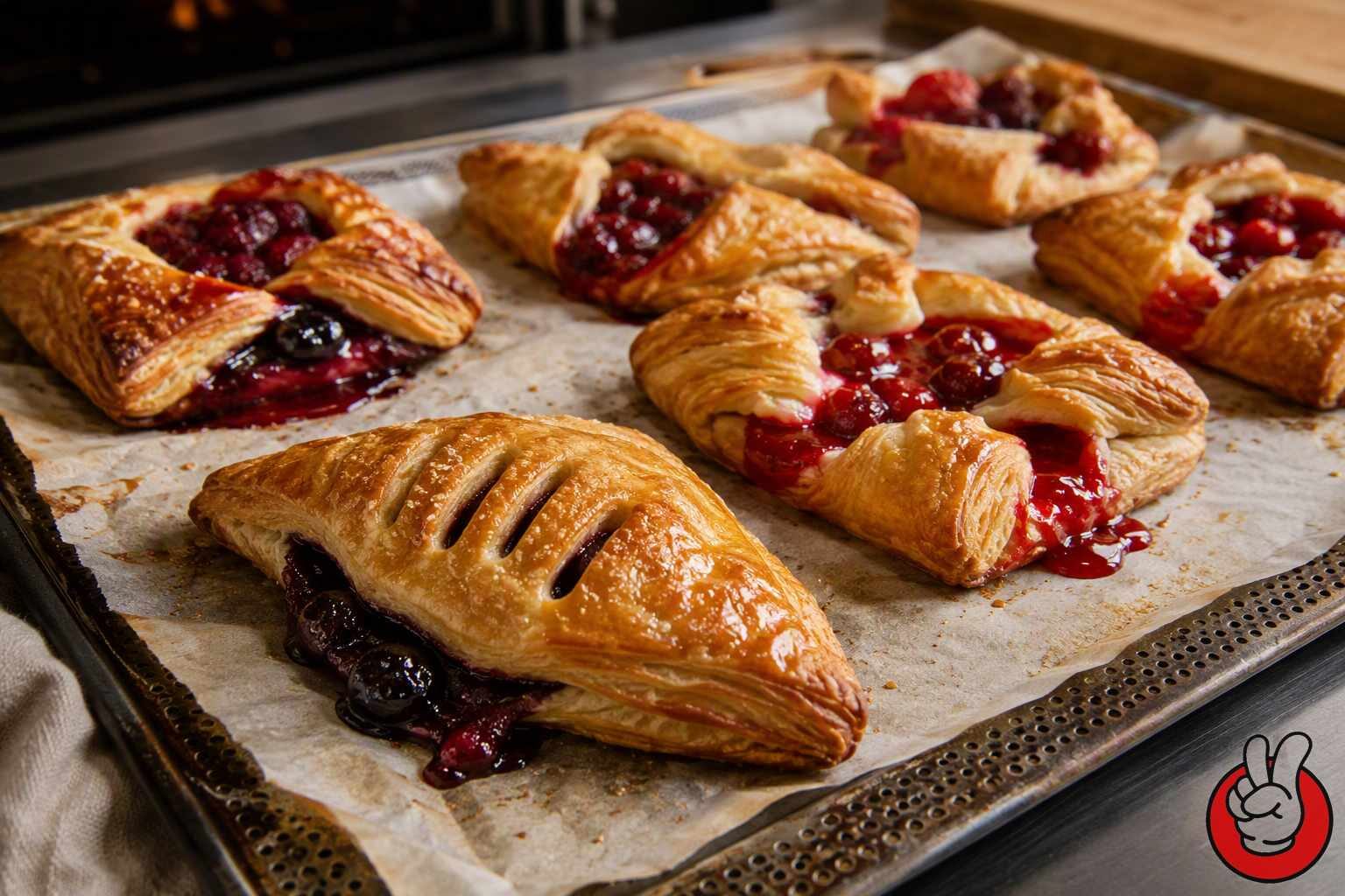 A baking tray of golden fruit turnovers and danish pastries with filling bubbling at the vents - the closing visual for bake-stable fruit flavour systems that hold their aroma and body through the oven.