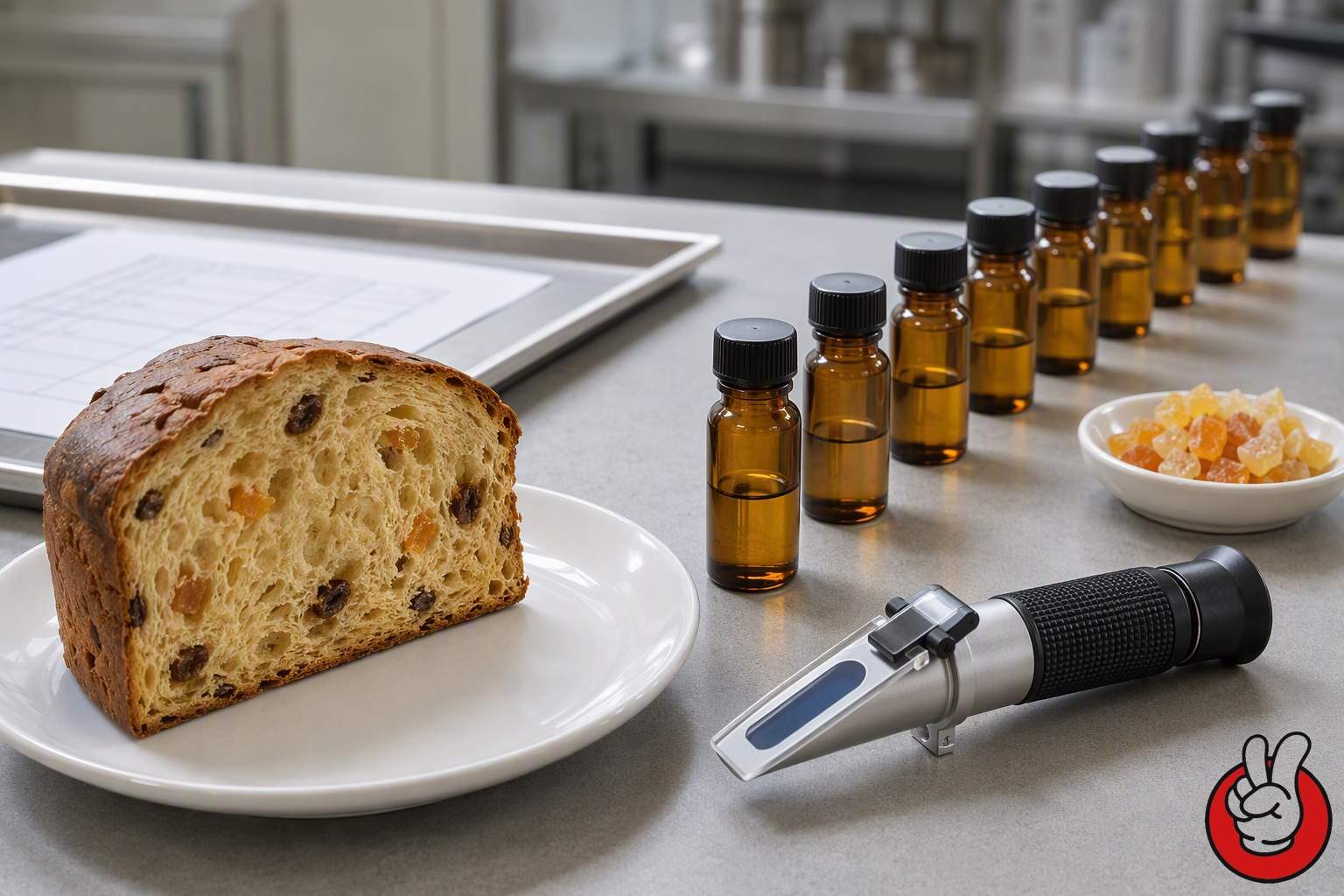 A quality-control inspection layout of citrus essence vials, candied peel and a sliced panettone used to validate aroma consistency across lots.